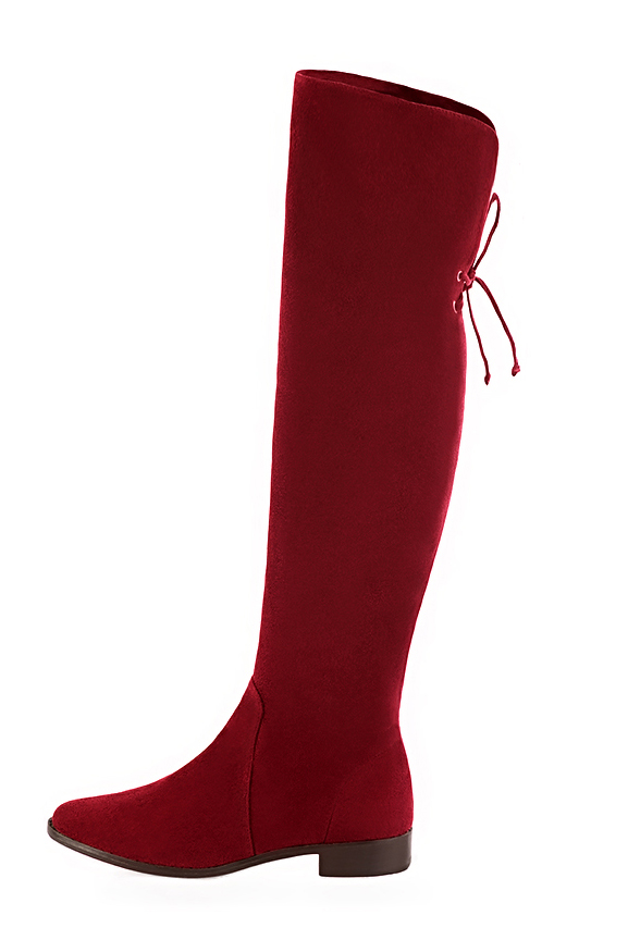Burgundy red women's leather thigh-high boots. Round toe. Flat leather soles. Made to measure. Profile view - Florence KOOIJMAN